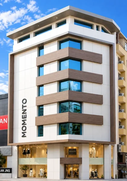 Momento Moda Laleli binası dış cephe renovasyonu, kompakt laminat cephe kaplaması