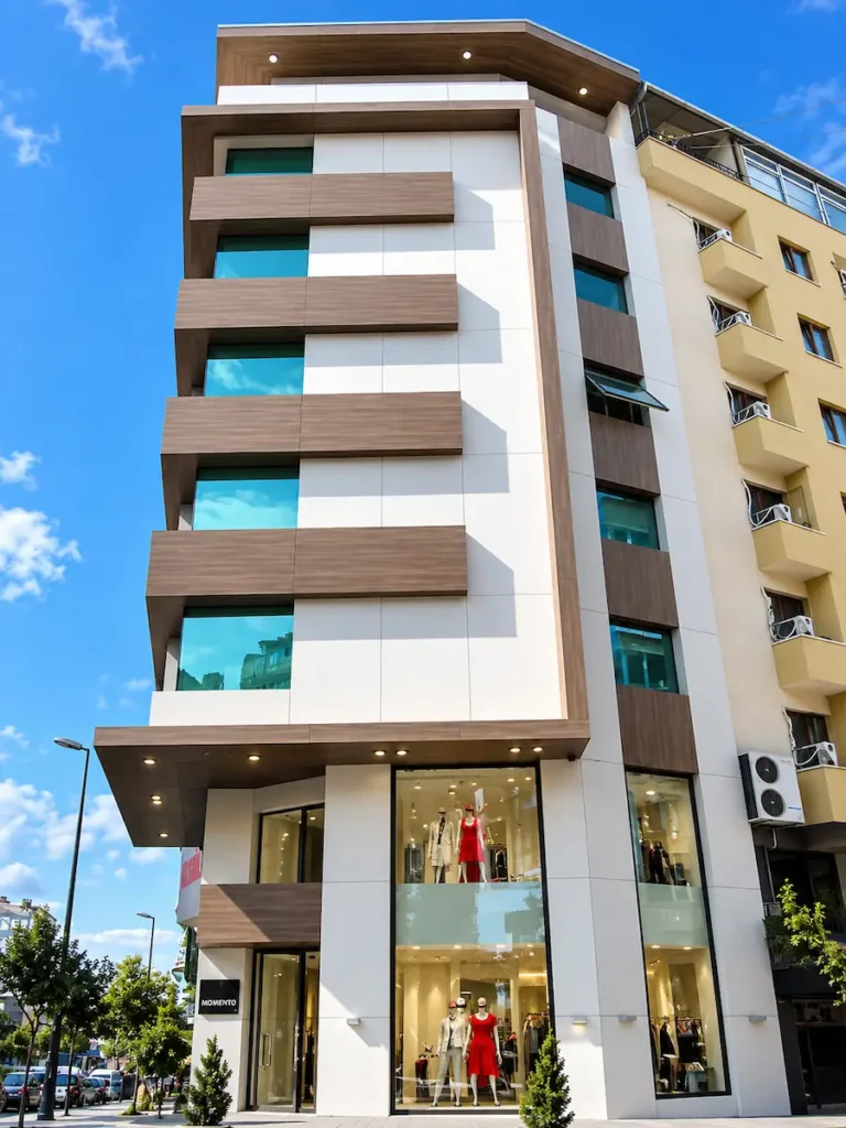 Momento Moda Laleli binası dış cephe renovasyonu, kompakt laminat cephe kaplaması