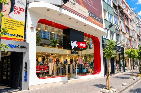 Melek Tekstil Xint mapğazaları dış cephe tasarımı kompakt laminat uygulaması